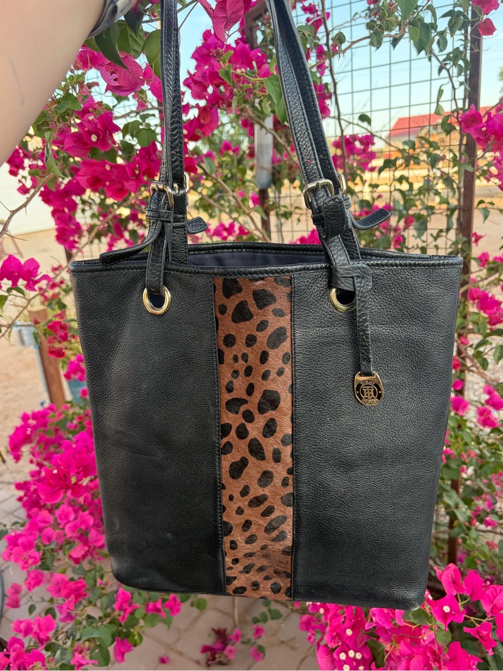 Tommy Hilfiger Black Leather Tote with Leopard Accent